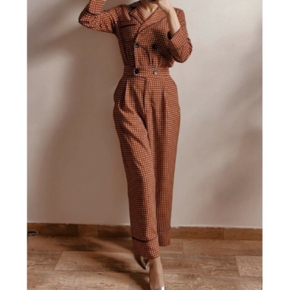 Zara Bordeaux Ecru Long Printed Jumpsuit